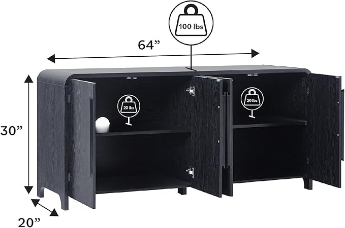 Walker Edison Chantelle Sideboard Buffet with Storage, 64", Black