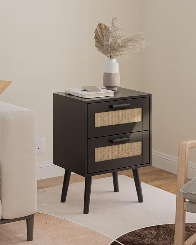 Masupu Rattan Night Stand, Modern nightstand Boho Bedside Table with 2 Drawer,Small End Side Table for Bedroom,Living Room,Office,Black