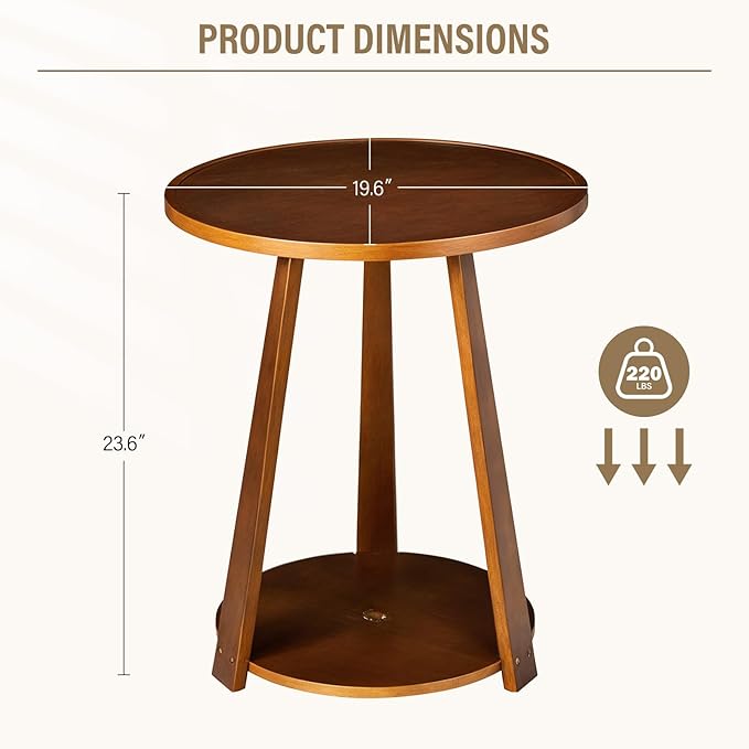 CozyDH Round End Table Living Room, Side Table with Lower Shelf Bedroom, Solid Rubberwood Night Stand with Storage Space, Sofa Couch Table Walnut