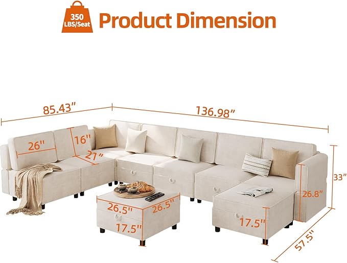 Modular Sectional 9-Seat Sofa, L Shaped Sectional Couch with Removable Storage Ottoman, Convertible Sleeper Sofa Suitable for Living Room, Bedroom, and Apartments, Beige