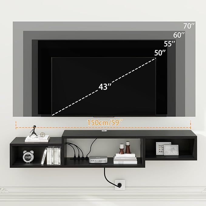 IBUYKE 59" Floating TV Stand Wall Mounted with Power Outlet,Wood Wall Mounted Media Console Shelf,Floating Entertainment Center for Under TV Storage for Living Room Bedroom Office,Black WST007B