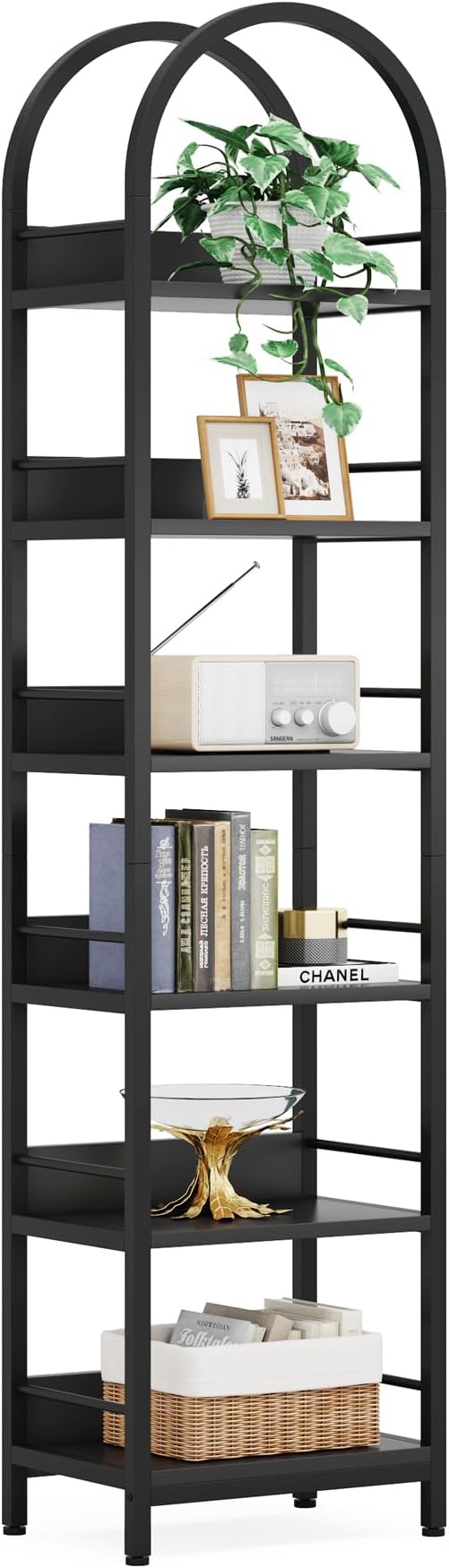 LITTLE TREE 6-Tier Open Bookshelf, 78.7" Tall Arched Bookcase, Black Wooden Bookshelf with Metal Frame, Freestanding Narrow Bookcase Display Shelves for Living Room, Bedroom, Office