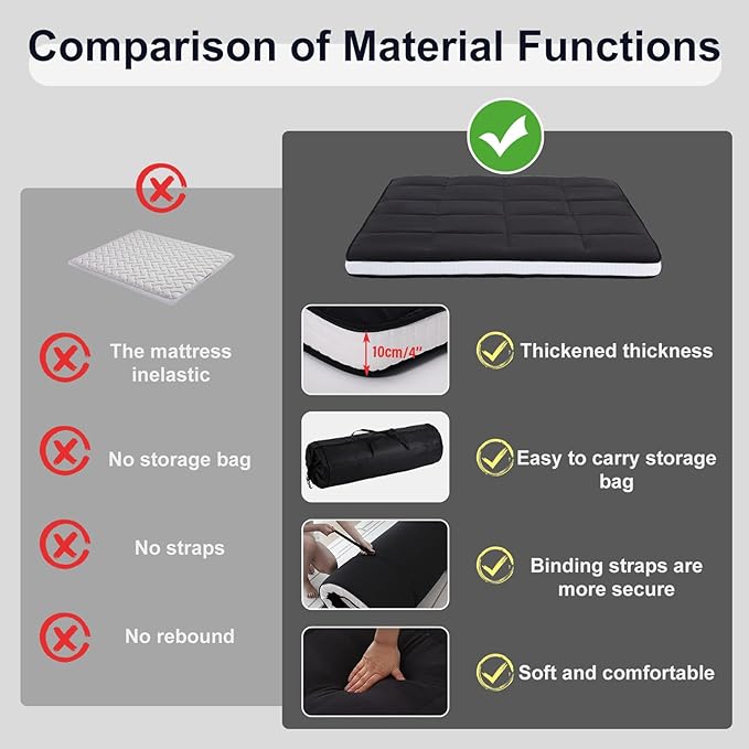 Tiita Memory Foam Mattress Topper Twin Size, 4" Thicken Futon Mattress with Storage Bag and 2 Straps, Portable Roll Up Travel Car Camping Mattress Floor Sleeping Pad, Black