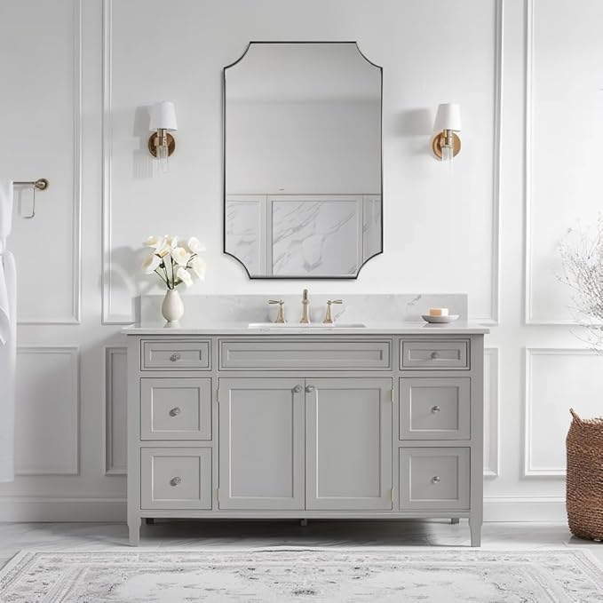 ANDY STAR Brushed Nickel Mirror 24x32 Inch, Scalloped Bathroom Mirror, Silver Rectangle Mirror in Anti-Rust Stainless Steel Metal Thin Frame Deep 1", Horizontal/Vertical