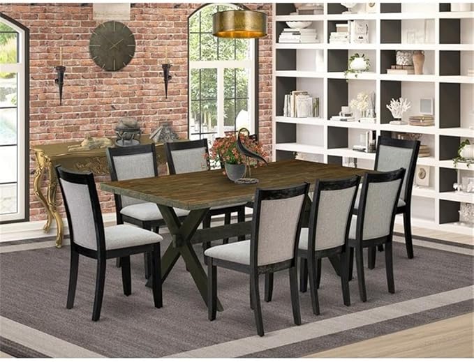 East West Furniture X677MZ606-9 9 Piece Dining Room Furniture Set Includes a Rectangle Dining Table with X-Legs and 8 Shitake Linen Fabric Upholstered Chairs, 40x72 Inch, Multi-Color