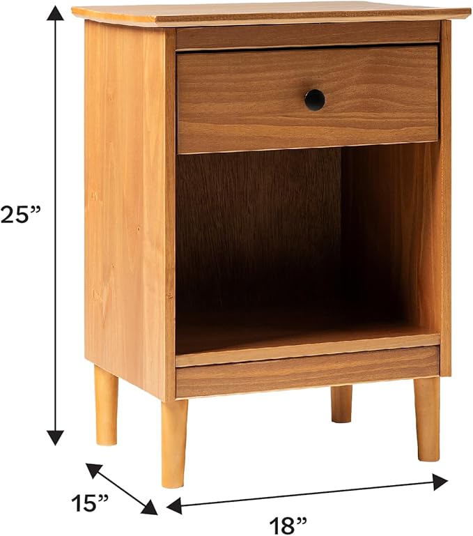 Walker Edison Traditional Wood 1 Drawer Nightstand Side Table Bedroom Storage Drawer and Shelf Bedside End Table, 18 Inch, Caramel