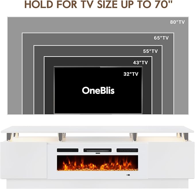 70" TV Stand for Living Room, Entertainment Center & Media Console with Storage, Fits TVs up to 80", Modern TV Cabinet with Shelves, 36" Electric Fireplace (All White)