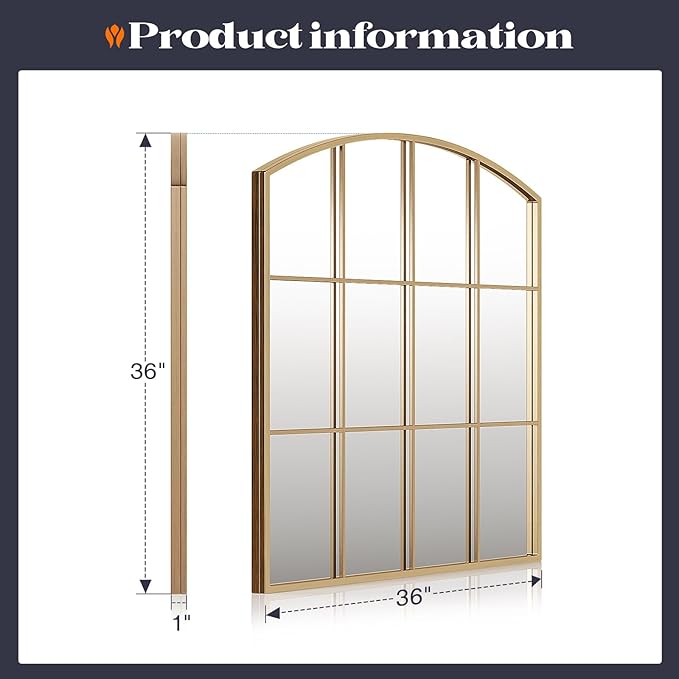 36" x 36" Farmhouse Arched Wall Mirror, Gold Window Pane Mirrors, Rustic Large Grid Mirror for Living Room, Bedroom, Hallway, Entryway