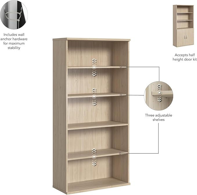 Bush Business Furniture Studio C Tall 5 Shelf Bookcase in Natural Elm, Large Bookshelf for Home or Professional Office