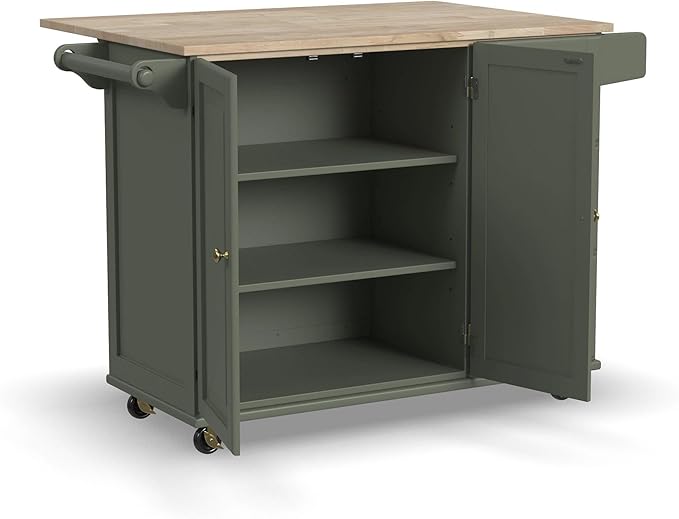 Homestyles Mobile Kitchen Island Cart with Wood Top and Dropleaf Breakfast Bar, 18" D x 53.5" W x 36" H, Green