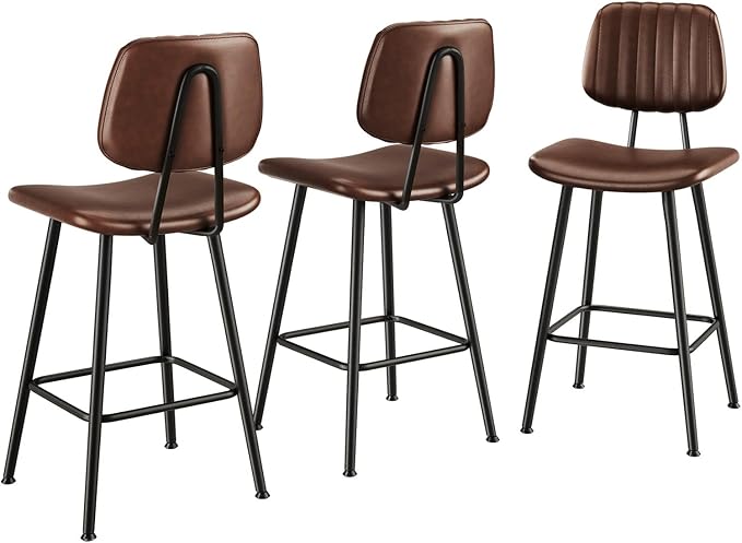 24-Inch Leather Bar Stools Set of 3, Counter Height Barstools with High Backrest，Bar Chairs for Kitchen Island with Heavy Duty Metal Legs, Dark Brown