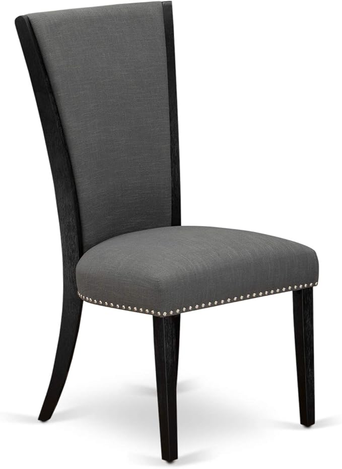 East West Furniture VEP6T50 Verona Parson Dining Chairs - Nailhead Trim Dark Gotham Linen Fabric Padded Chairs, Set of 2, Wirebrushed Black