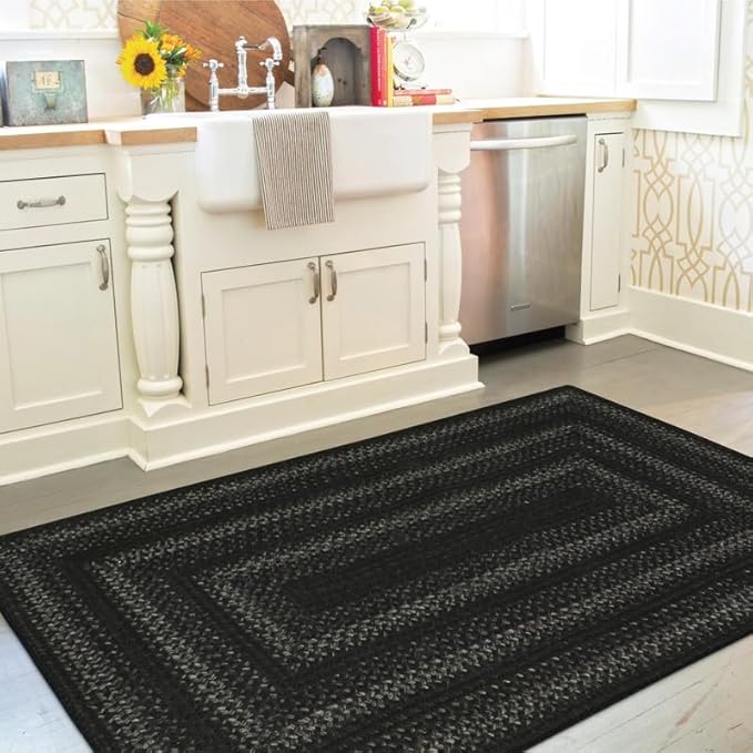 Homespice Jet Black Braided Rugs Runners 22x72 - Primitive Style Braided Runner Rug for Kitchen and Hallways