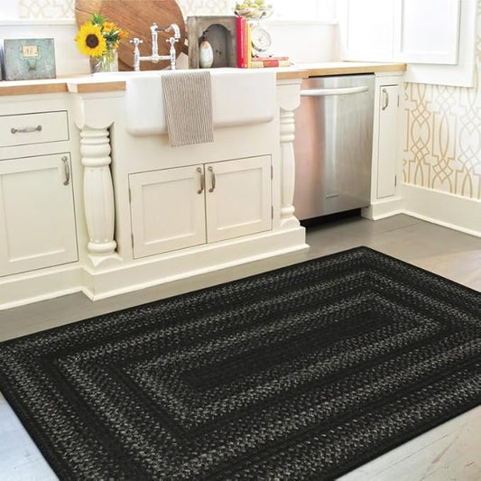 Jet Black Braided Rugs 27x45 – Primitive Style Gray and Black Indoor Entryway Rug