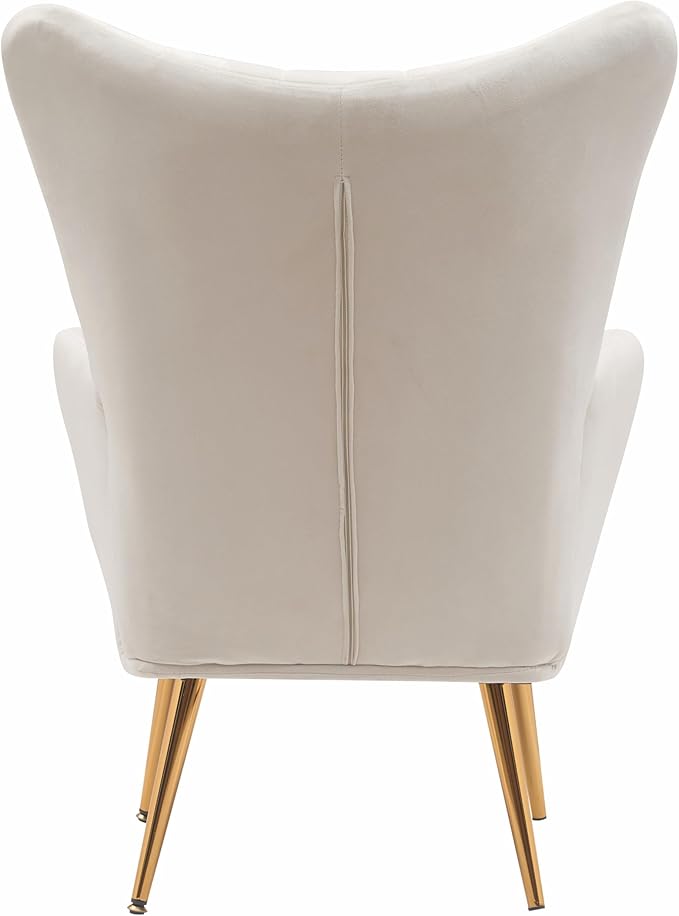 Container Furniture Direct Modern Chic Mid-Century Velvet Accent Armchair for Living Room, Bedroom, or Home Office, Button-Tufted Wingback Design with Gold Flared Legs, Ivory