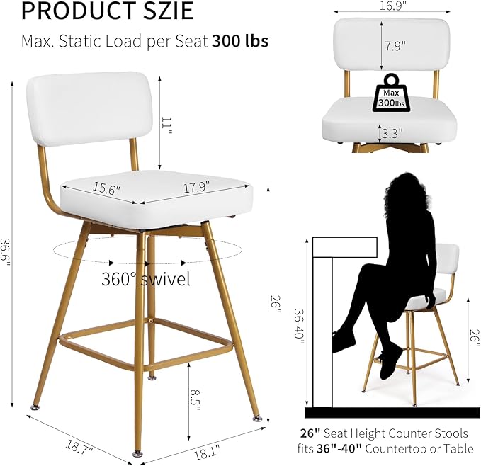 Swivel Counter Height Bar Stools Set of 2, Faux Leather Bar Stools with Back, Metal Legs and Footrest, 26" Seat Height Barstools for Kitchen Islands and Home Bars, Easy Assembly, White&Gold