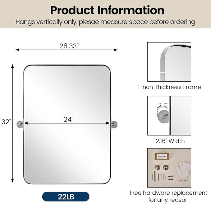 MOON MIRROR Polished Chrome Pivot Mirror for Bathroom, Tilt Bathroom Rounded Rectangle, Overall 28.33 x 32 in (Mirror 24x 32 in)