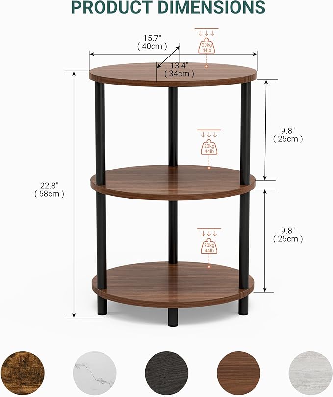 Small Round Side Table - 3-Tier Oval Accent Table for Small Spaces, Rustic Wood and Metal Couch End Table, Nightstand for Bedroom or End Table Living Room, Easy to Assemble, Rustic Walnut