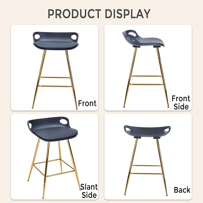 Sidanli Black Bar Stools, Barstool Set of 2, Counter Height Chairs with Gold Metal Legs, Island Chairs with Leather Cushion Seats & Footrests, 26” Bar Stools for Kitchen Island, Home Bar