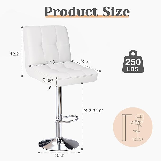 Sweetcrispy Bar Stools Set of 2, Armless PU Leather Adjustable Swivel Barstools, Hydraulic Kitchen Counter Height Thickened Seat Cushion Square Island Countertop Chairs with Back - Modern White