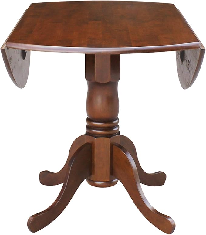 IC International Concepts, 42" Round Dual Drop Leaf Pedestal Dining Table, Solid Wood, Real Parawood, 42" W x 42" D x 29.5" H, Easy Assembly, Espresso