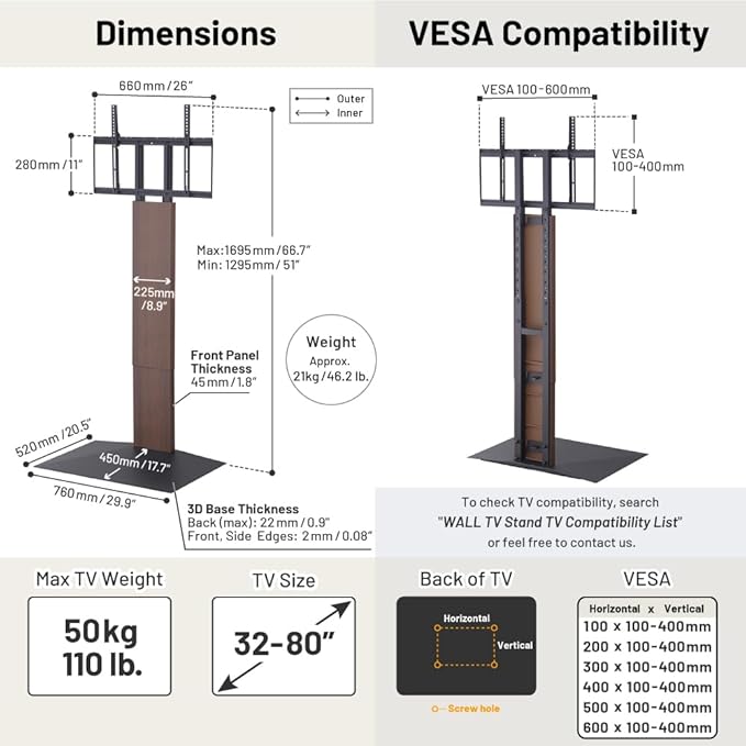 WALL V3 High Type TV Stand w/Multi-Device Holder and Soundbar Shelf L Black Set | Sleek Japanese 32-80 Inch Universal Side TV Stand Adjustable Mount, No Drill | Sleek Soundbar Shelf | Walnut
