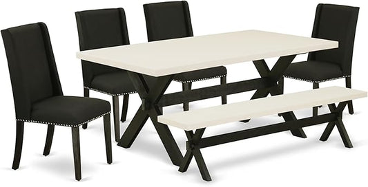East West Furniture X627FL624-6 6 Piece Dining Room Set Contains a Rectangle Dining Table with X-Legs and 4 Black Linen Fabric Parson Chairs with a Bench, 40x72 Inch, Multi-Color
