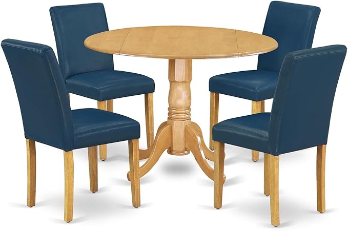 East West Furniture DLAB5-OAK-55 5 Piece Dining Room Furniture Set Includes a Round Dining Table with Dropleaf and 4 Oasis Blue Faux Leather Parsons Chairs, 42x42 Inch, Oak