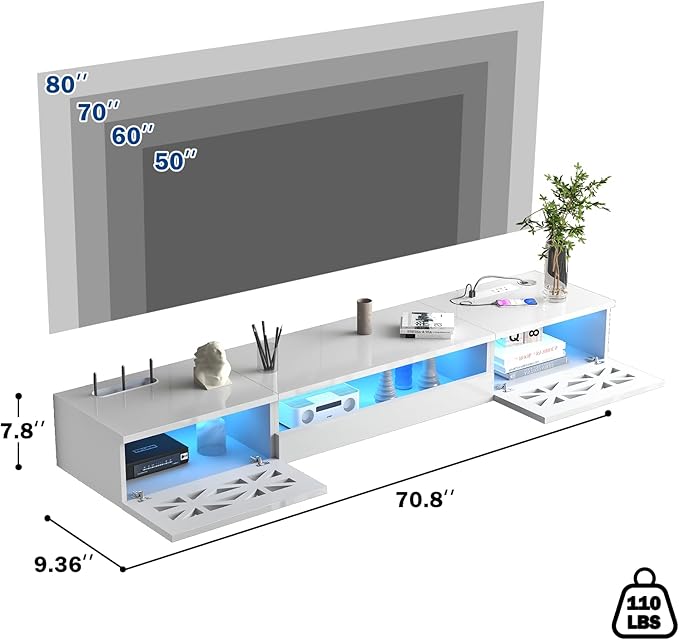 Floating TV Stand, 71" Floating Entertainment Center Wall Mounted,Floating Wall Mounted TV Shelf with Modern High Gloss tv Cabinet Media Console with Storage