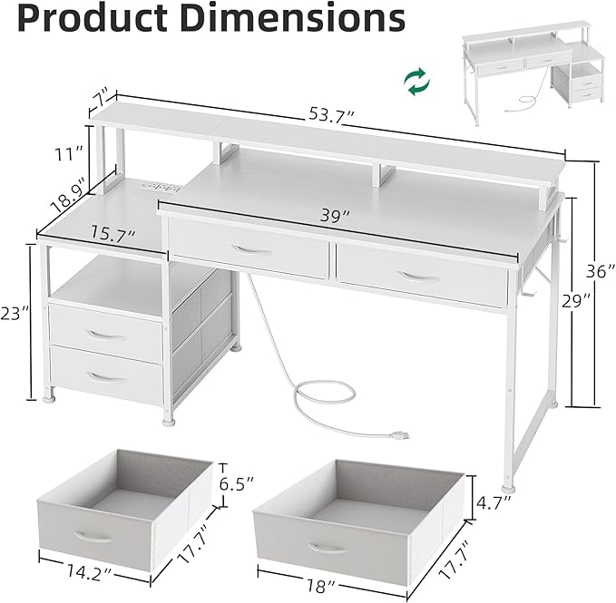 53" Computer Desk with 4 Drawers & Power Outlets, Reversible Home Office Desk with Monitor Stand & Printer Stand, Gaming Desk with Led Lights, Study Writing Work Desk Table for Bedroom (White)