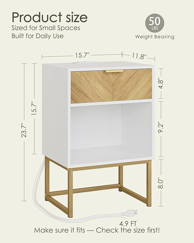 Nightstand with Charging Station, Boho Night Stand Wood Farmhouse Bedside Table with Storage, End Side Accent Table for Bedroom,Living Room,White