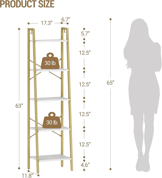 Ladder Shelf, Bookshelf Bookcase, Freestanding Corner Storage Shelve with 2 Hooks for Home Office, Living Room, Kitchen, Bedroom, Industrial, 5-Tier White Gold BC19213G