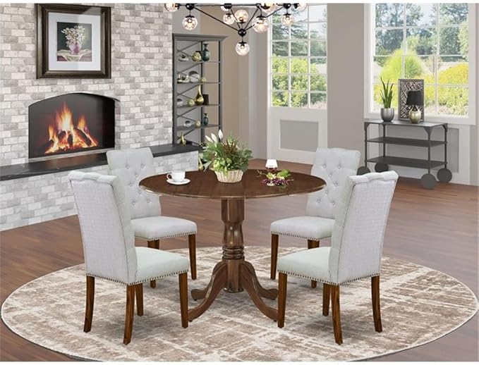 East West Furniture DLEL5-AWA-05 5 Piece Dinette Set for Small Spaces Includes a Round Kitchen Table with Dropleaf and 4 Parson Dining Chairs, 42x42 Inch, Antique Walnut