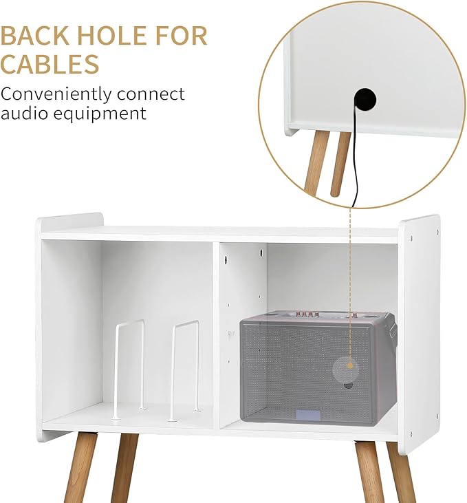 Mid-Century Record Player Stand, Vinyl Record Cabinet Holder with Storage Up to 100 Albums, Record Player Table for Living Room Bedroom Office, Turntable Stand with Wood Legs, White