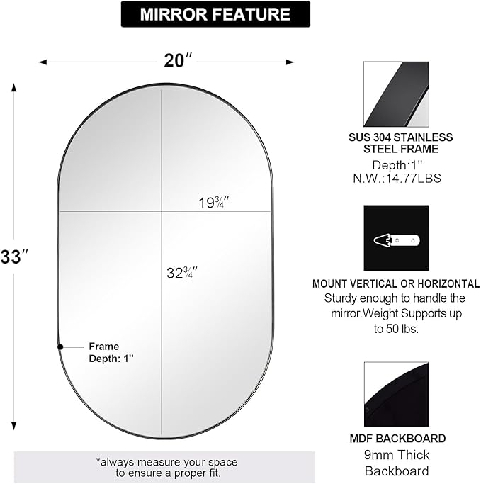 ANDY STAR Black Oval Mirror, 20x33’’ Oval Black Mirror Stainless Steel Metal Pill Mirror for Bathroom, Entryway, Living Room, Contemporary 1" Deep Set Design Wall Mount Hang Vertical or Horizontal