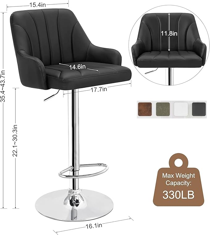 VECELO Bar Stools Set of 4, Adjustable Barstools, Counter Height Stools with Back and Arm, Kitchen Island Stools, Swivel PU Chairs for Pub, Dining Room, Modern Style, PU Black