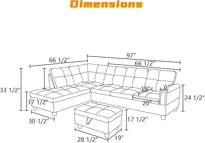 L Shaped Sectional Couch with Otttoman, 97" Sectional Sofa for Living Room Flannel Modular Couches with Cup Holders for Bedroom, Apartments, Light Grey