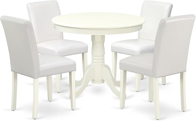 East West Furniture ANAB5-LWH-64 5 Piece Dining Room Table Set Includes a Round Kitchen Table with Pedestal and 4 White Faux Leather Upholstered Parson Chairs, 36x36 Inch, Linen White