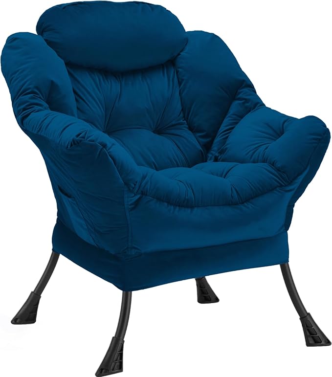 Lazy Chair Thick Padded, Comfy Velvet Accent Lounge Chair with Stable Frame, Leisure Sofa Armchair with Armrests and Side Pocket, Reading Chair for Bedroom, Living Room, Office, Blue