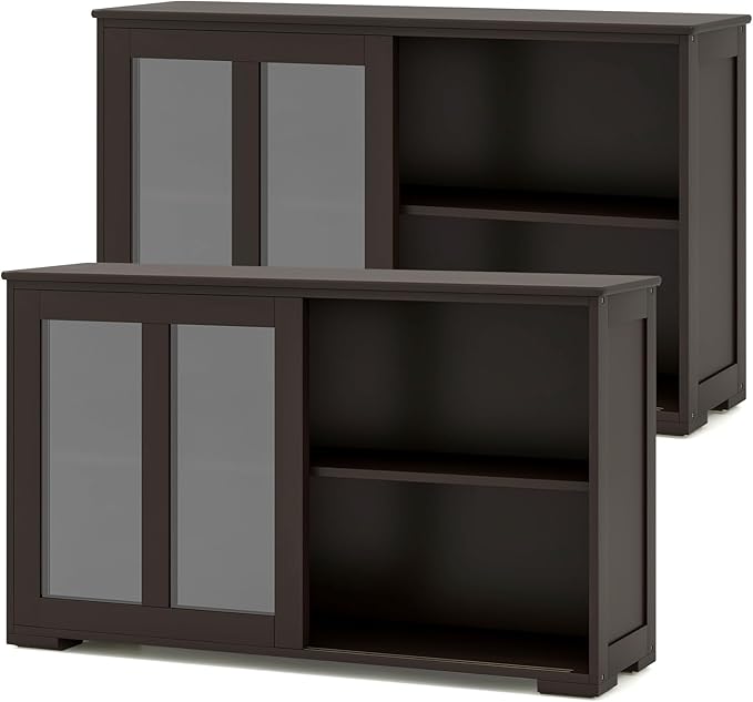 Costzon 2-Pack Wooden Kitchen Storage Cabinet with Adjustable Shelf, Sliding Glass Doors, Accent Coffee Bar Cabinet Console Table for Living Room, Dining Room, Hallway