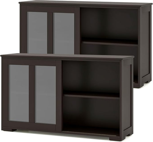 Costzon 2-Pack Wooden Kitchen Storage Cabinet with Adjustable Shelf, Sliding Glass Doors, Accent Coffee Bar Cabinet Console Table for Living Room, Dining Room, Hallway