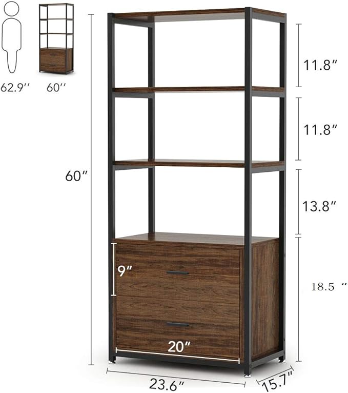 Tribesigns Bookcase, 4-Tier Rustic Bookshelf with 2 Drawers, Etagere Standard Book Shelves Display Shelf for Home Office