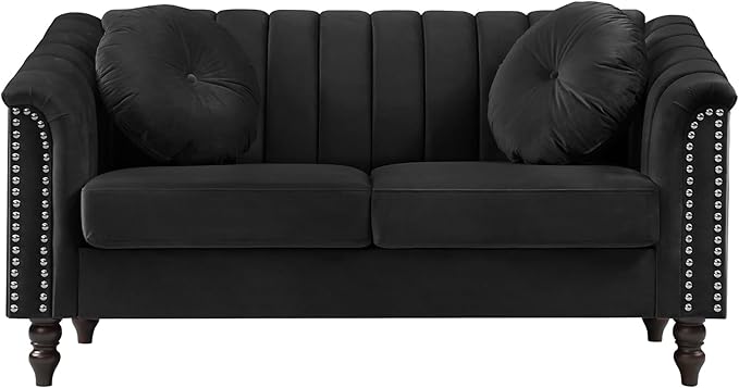 60" Loveseat Sofa, Microfiber Chesterfield Upholstered Sofas Love Seat, Couch Chair Sets with Style Button Tufted, Scroll Arms and Nailhead for Living Room, Office, Black