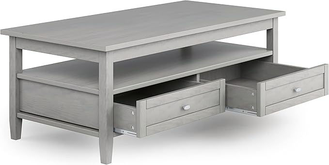 SIMPLIHOME Warm Shaker Coffee Table - 48 inch Wide Solid Wood Cocktail Table in Fog Grey, Transitional Living Room Table with 2 Storage Drawers and Open Shelf for Sitting Area or Lounge