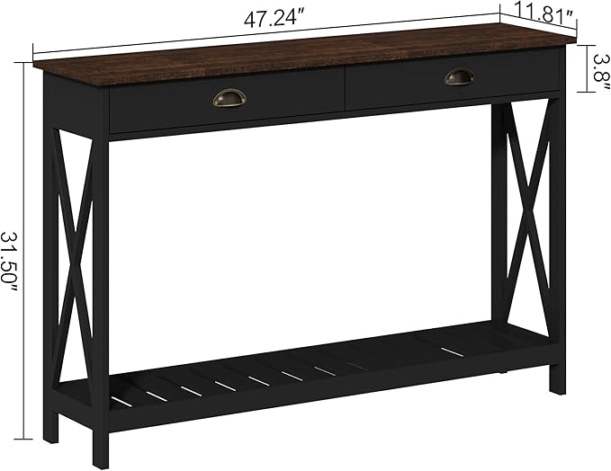ChooChoo 47" Farmhouse Console Table with Drawer for Entryway, Narrow Long Entry Table with Shelf for Living Room, Rustic Vintage Hallway Sofa Table with Stable X Supports, Black