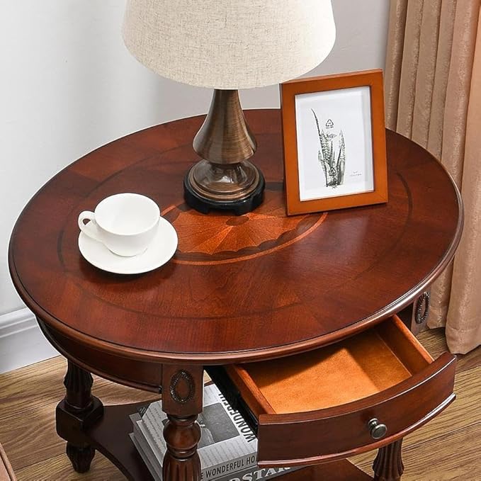 LEEMTORIG Oval Round End Table, 2-Tier Cherry Wood End Table Solid Wood Side Table with Drawer, Victorian Vintage Nightstand for Bedroom Living Room, 28"W x 22"D x 24.2"H, Cherry Walnut CJZ-1533-WD-DR