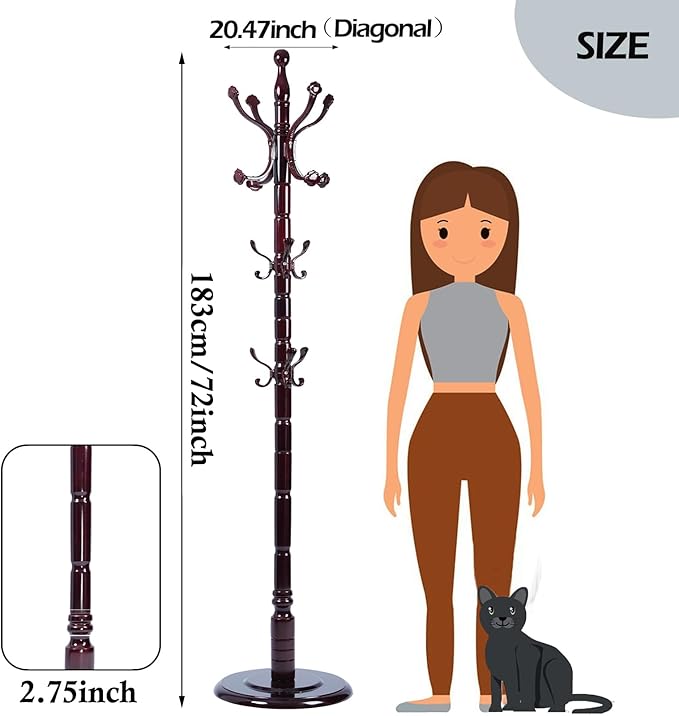 Coat Racks Free Standing with 14 Hooks, Natural Wood Coat Stands for Entryway, Adjustable Height 72 in Tree Coat Rack Stand for Hallway Home Office Bedroom (Mahogany Ruyi)