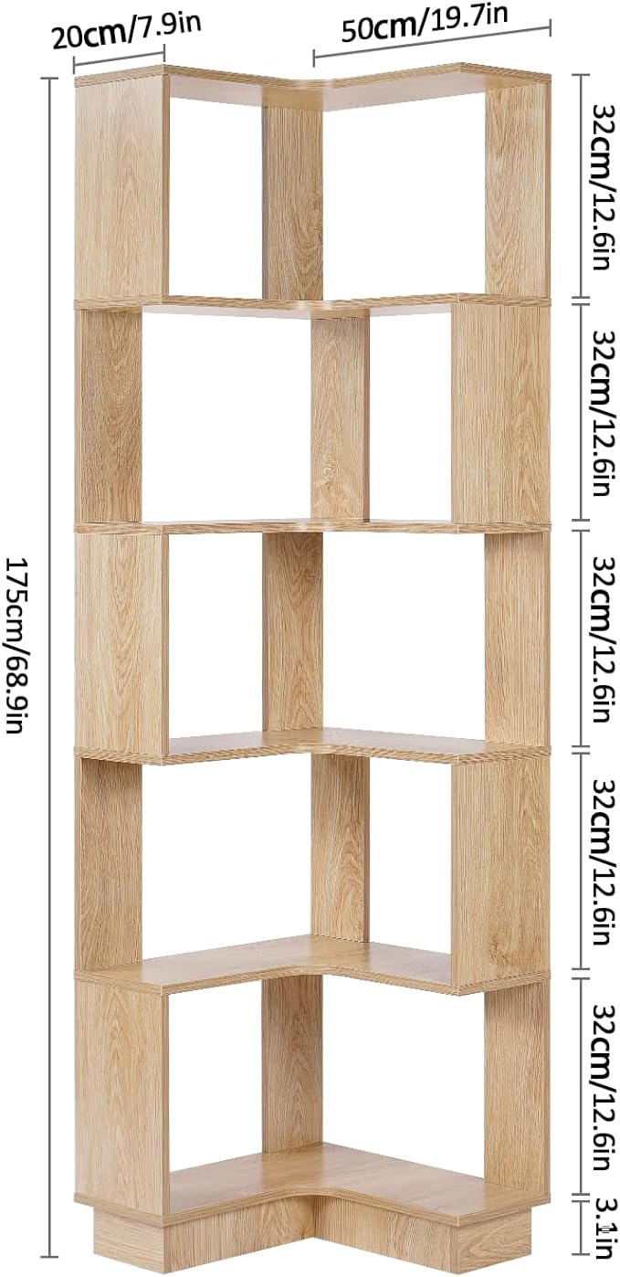 Wooden Corner Bookcase, 5 Tiers Corner Bookshelf 68.9" L-Shaped Storage Display Rack Tall Large Open Bookshelf with Fixture for Living Room Bedroom Study Office