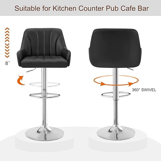 VECELO Bar Stools Set of 2, Adjustable Barstools, Counter Height Stools with Back and Arm, Kitchen Island Stools, Swivel PU Leather Stools, Modern Style, PU Black