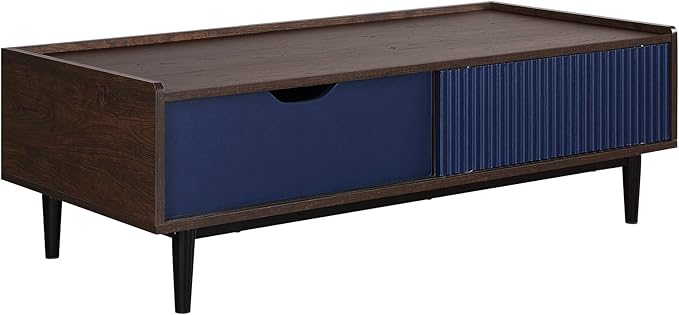 Manhattan Comfort Duane Mid Century Modern Coffee Table with Drawer & Cubby Shelf, Living Room Furniture with Ribbed Flat Design, Wood Grain Laminate Finish & Durable Iron Metal Feet, Navy Blue